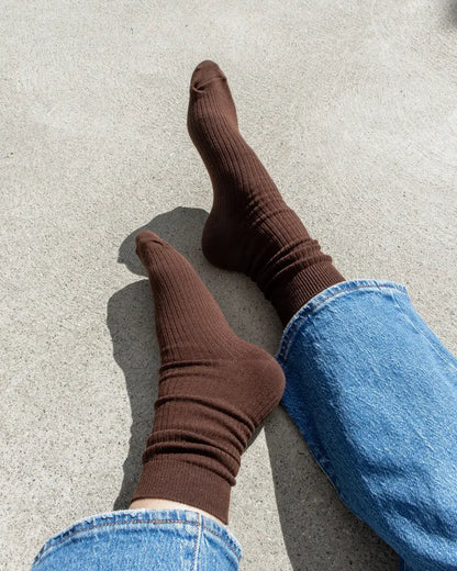 Combed Cotton Ribbed Crew Socks in Espresso