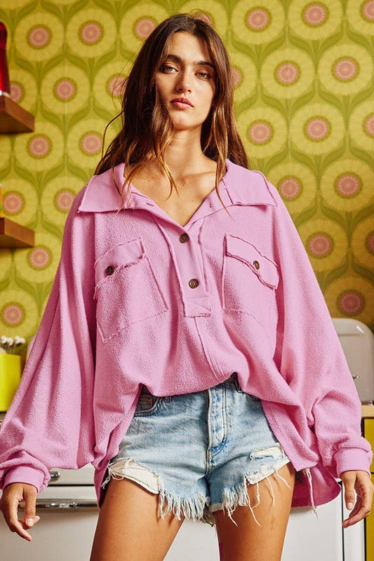 Bubblegum French Terry Knit Collared Loose Fit Top