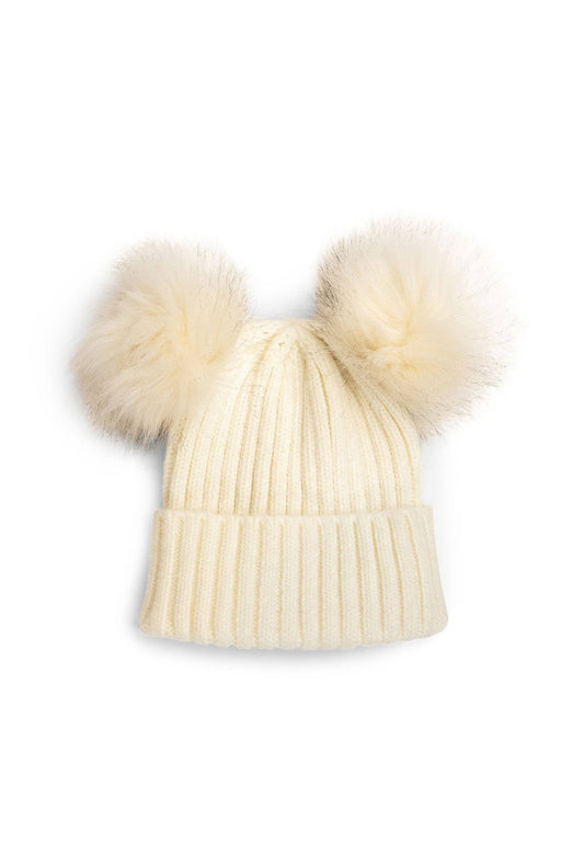 Knitted Double Fur Pom Beanie in White