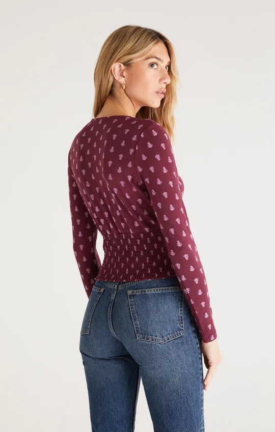 Eliana Floral Smocked Long Sleeve Top - Garnet