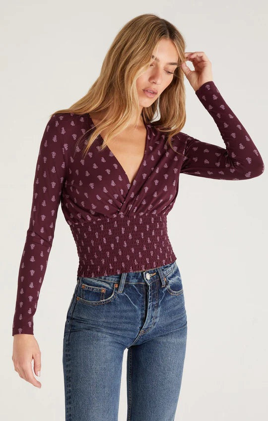 Eliana Floral Smocked Long Sleeve Top - Garnet