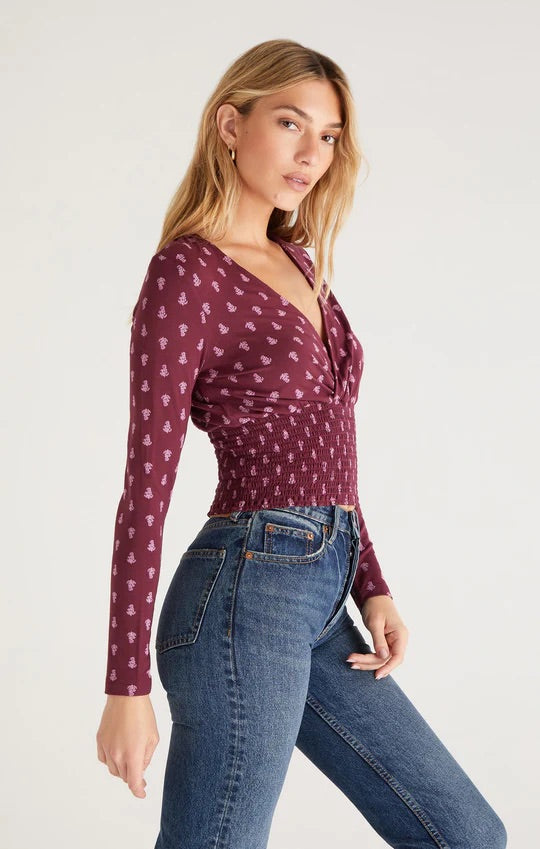 Eliana Floral Smocked Long Sleeve Top - Garnet