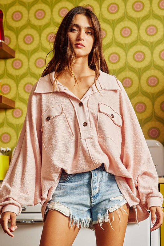 Blush French Terry Knit Collared Loose Fit Top