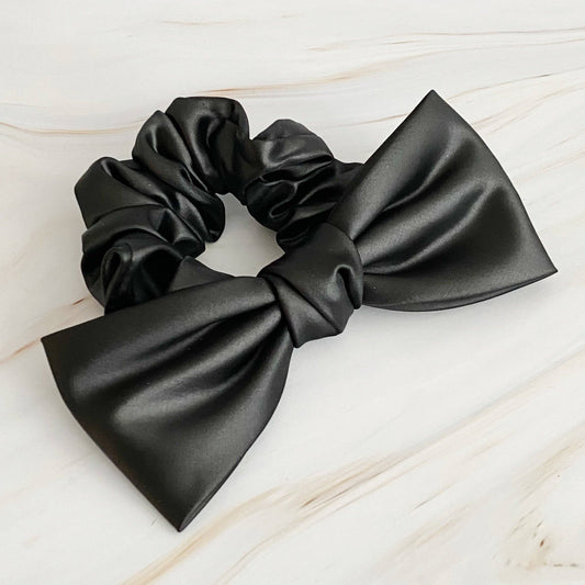 Satin Bow Tie Hair Scrunchie in Black
