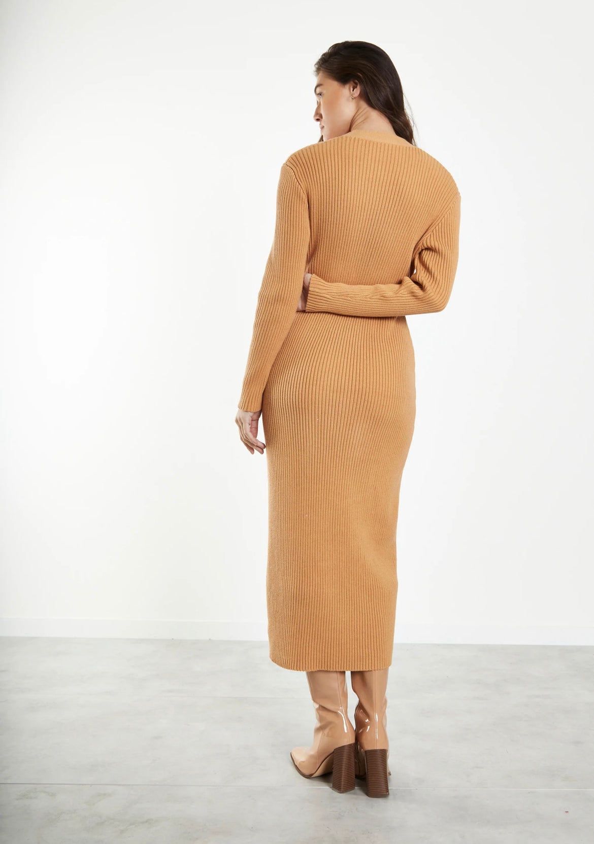 Caramel Knitted Skinny Fit Midi Dress